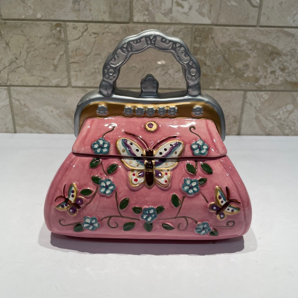 Pink Ceramic Butterfly Handbag Trinket Box Floral Decorative Davids Cookies